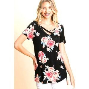 Black Criss Cross Floral Top